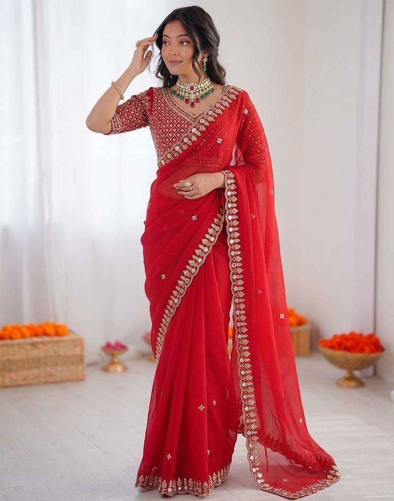 Red sequence beds work organza silk party wear saree