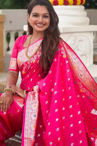 Pink elegant art silk woven saree with rich zari border