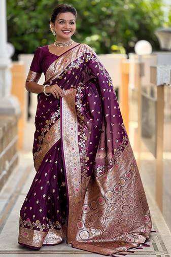 Wine elegant art silk woven saree with rich zari border
