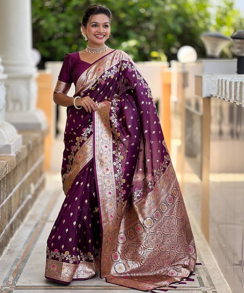 Wine elegant art silk woven saree with rich zari border