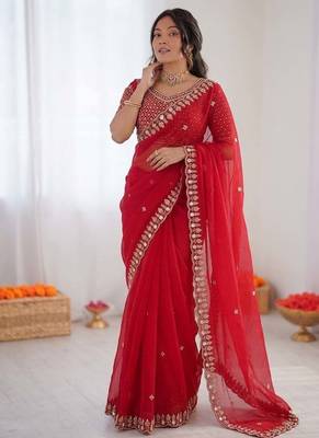 Red sequin beds work organza silk party wear saree 2