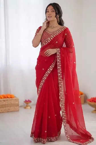 Red sequin beds work organza silk party wear saree