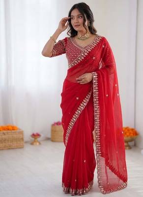Red sequin beds work organza silk party wear saree 3