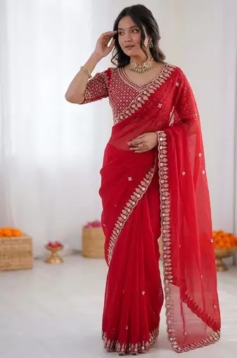 Red sequin beds work organza silk party wear saree