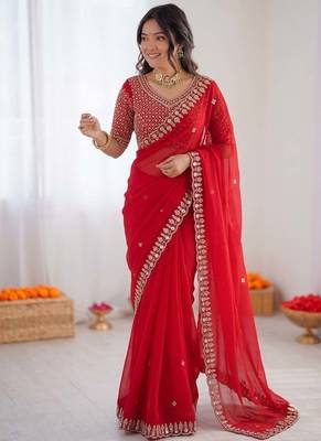 Red sequin beds work organza silk party wear saree 4