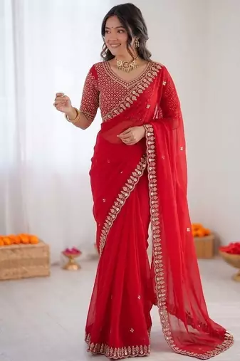 Red sequin beds work organza silk party wear saree