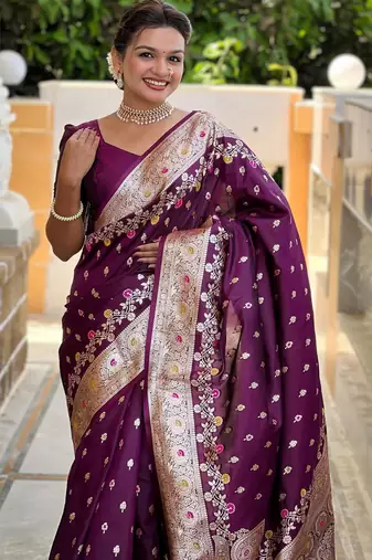 Wine elegant art silk woven saree with rich zari border
