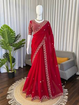 Red sequin beds work organza silk party wear saree 5