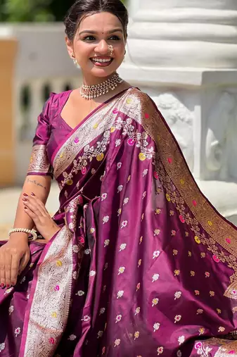 Wine elegant art silk woven saree with rich zari border