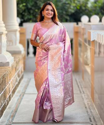 Pink elegant art silk woven saree with rich zari border 1