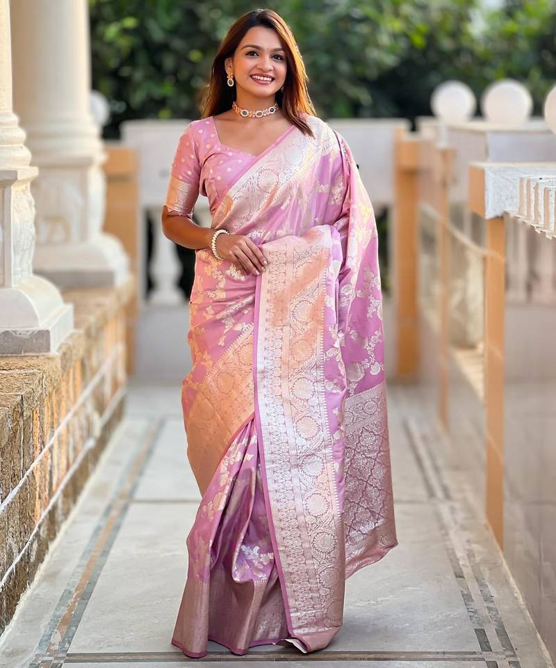 Pink elegant art silk woven saree with rich zari border