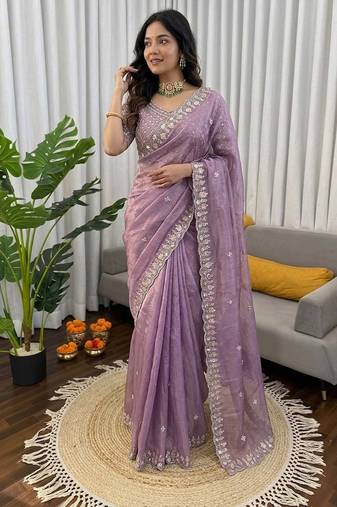 Lavender  sequence beds work organza silk party wear saree