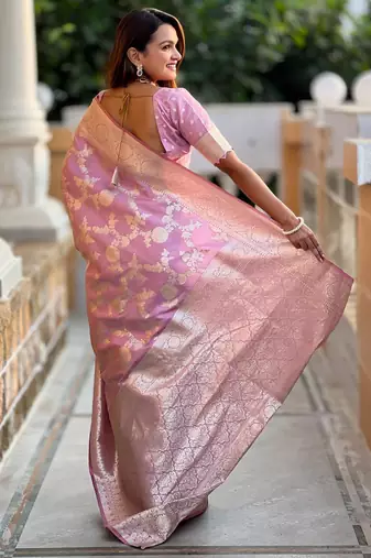 Pink elegant art silk woven saree with rich zari border
