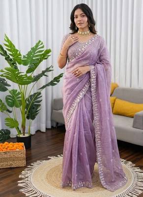 Lavender sequin beds work organza silk party wear saree 2