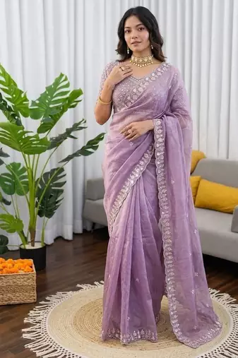 Lavender sequin beds work organza silk party wear saree