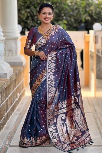 Dark blue elegant art silk woven saree with rich zari border