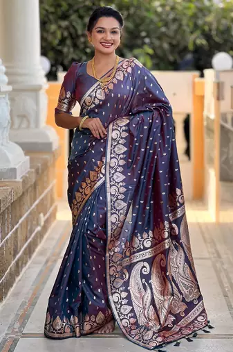 Dark blue elegant art silk woven saree with rich zari border
