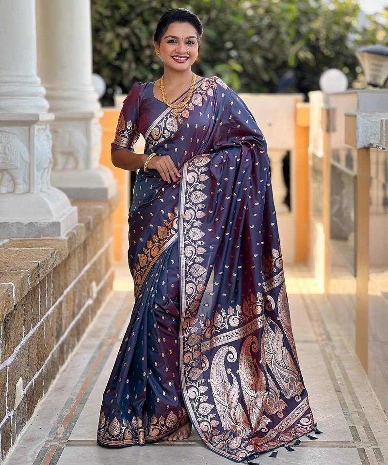 Dark blue elegant art silk woven saree with rich zari border