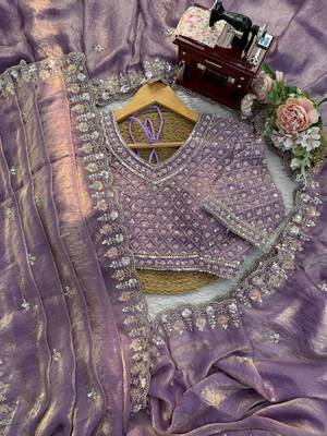 Lavender sequin beds work organza silk party wear saree 5