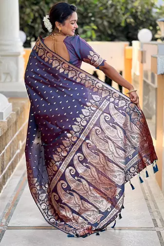 Dark blue elegant art silk woven saree with rich zari border