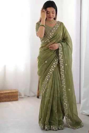 Mehendi sequence beds work organza silk party wear saree