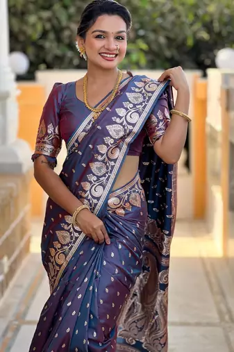 Dark blue elegant art silk woven saree with rich zari border