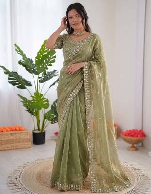 Mehendi sequin beds work organza silk party wear saree 2