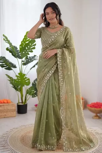 Mehendi sequin beds work organza silk party wear saree