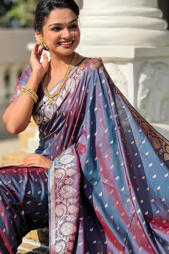 Dark blue elegant art silk woven saree with rich zari border