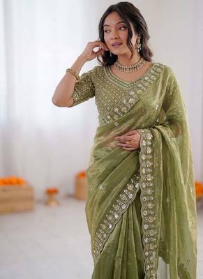 Mehendi sequin beds work organza silk party wear saree 3