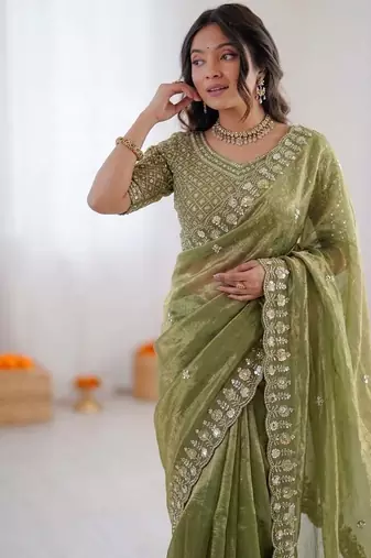 Mehendi sequin beds work organza silk party wear saree