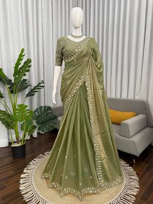 Mehendi sequin beds work organza silk party wear saree 4