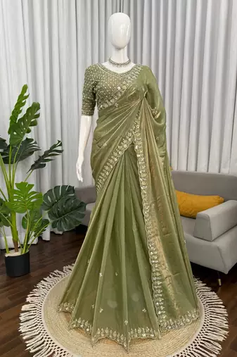 Mehendi sequin beds work organza silk party wear saree