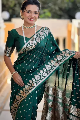Green elegant art silk woven saree with rich zari border