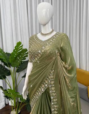 Mehendi sequin beds work organza silk party wear saree 5