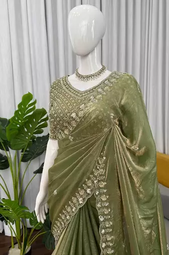 Mehendi sequin beds work organza silk party wear saree