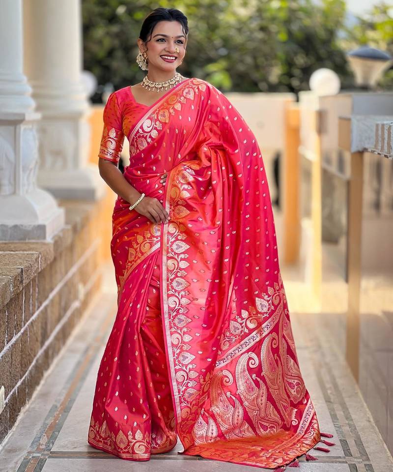 Pink elegant art silk woven saree with rich zari border