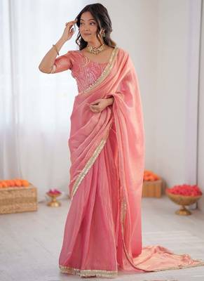 Peach golden shaded fendy silk ready to wear saree 2