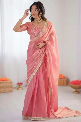 Peach golden shaded fendy silk ready to wear saree