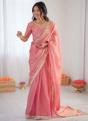 Peach golden shaded fendy silk ready to wear saree 3