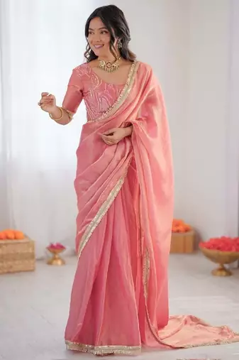 Peach golden shaded fendy silk ready to wear saree