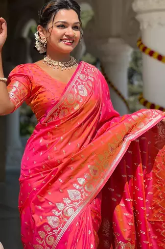 Pink elegant art silk woven saree with rich zari border