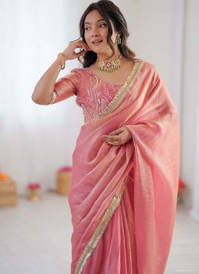 Peach golden shaded fendy silk ready to wear saree 5