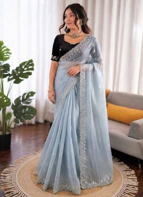 Sky blue sequin beds work organza silk party wear saree 1