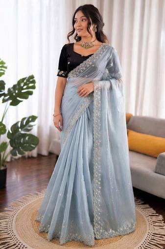 Sky blue sequence beds work organza silk party wear saree