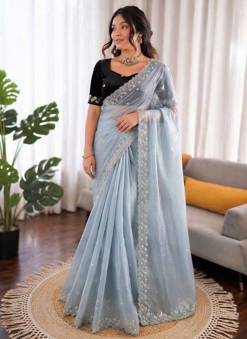 Sky blue sequence beds work organza silk party wear saree