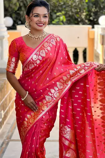 Pink elegant art silk woven saree with rich zari border