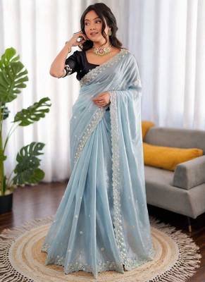 Sky blue sequin beds work organza silk party wear saree 2