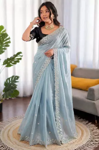 Sky blue sequin beds work organza silk party wear saree