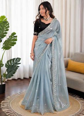 Sky blue sequin beds work organza silk party wear saree 3